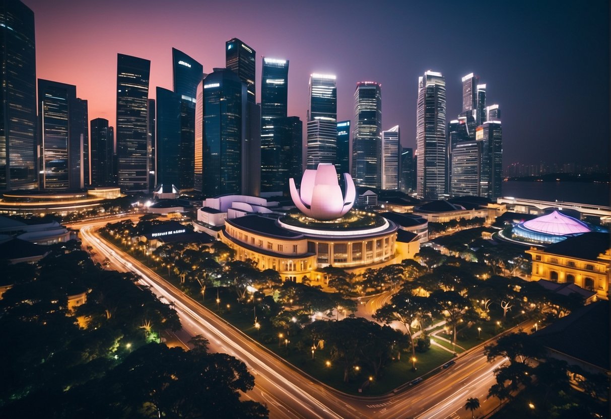 A vibrant cityscape with iconic landmarks and bustling streets, showcasing the energy and excitement of Singapore's vibrant promotional scene