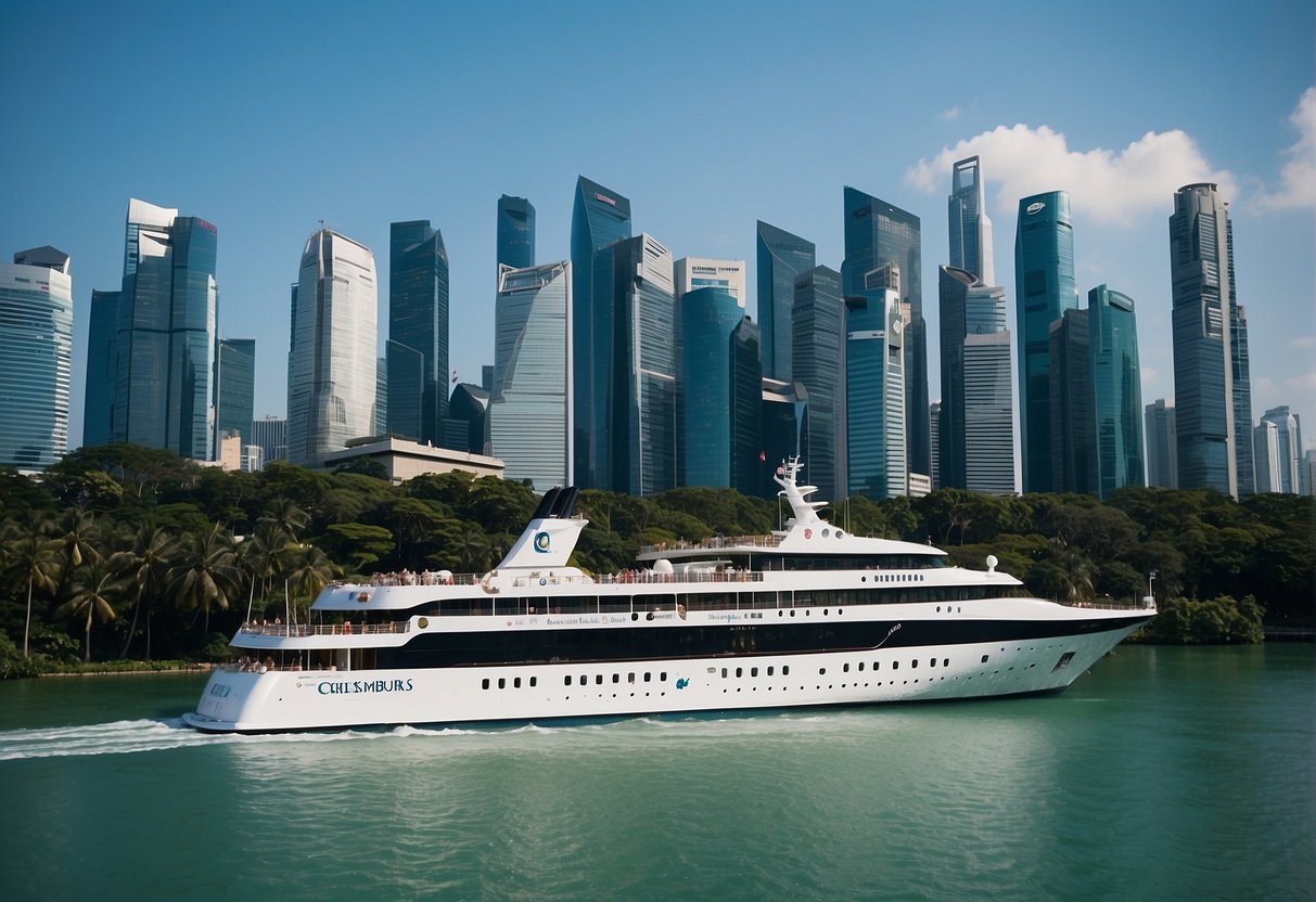 A luxurious cruise ship sails through the clear blue waters of Singapore, surrounded by stunning cityscape and lush greenery. The ship is adorned with colorful banners advertising the latest promotions for the cruise to nowhere