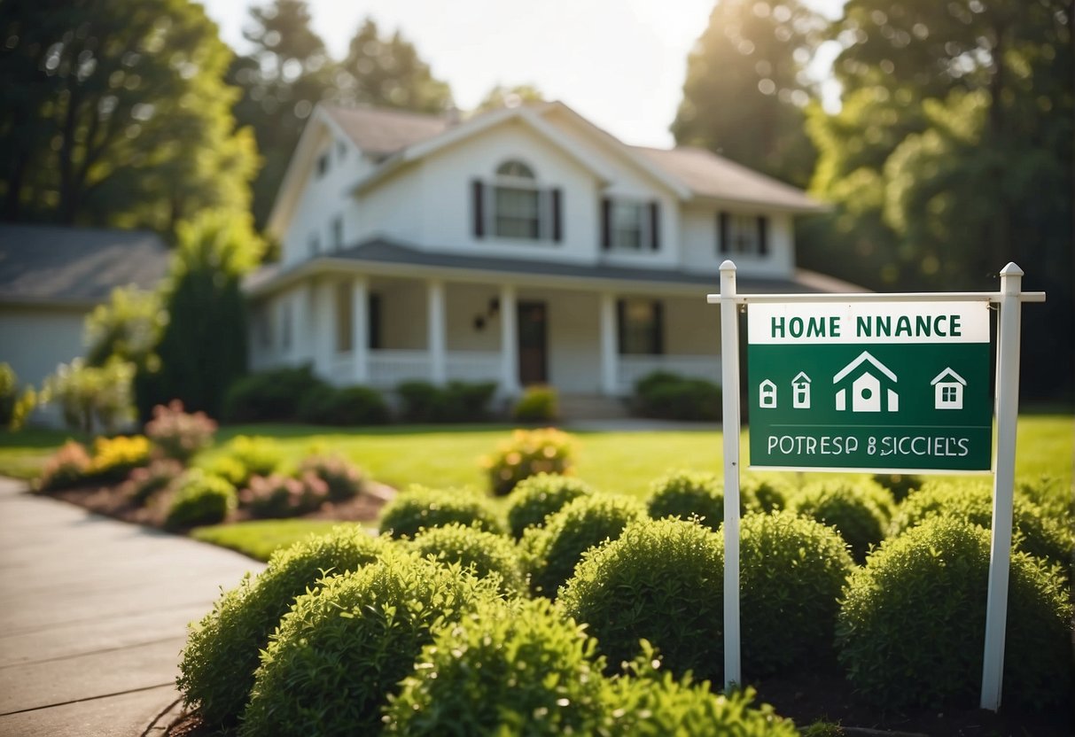 A family home with a security system, surrounded by lush greenery and a peaceful neighborhood. A promotional banner for home insurance is displayed prominently in the front yard