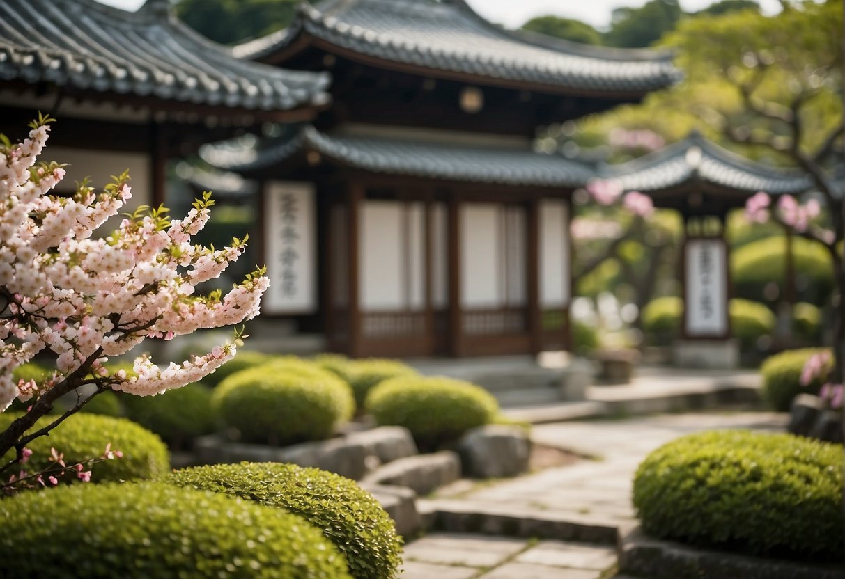 A serene garden with blooming cherry blossoms, a traditional Japanese teahouse, and a sign promoting "Frequently Asked Questions haiku promotions Singapore."