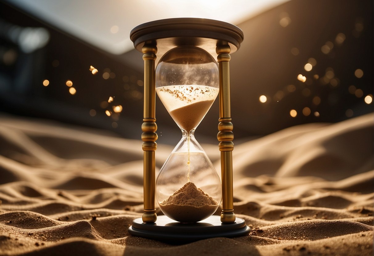 An hourglass with sand pouring through, surrounded by promotional materials for Timepiece in Singapore