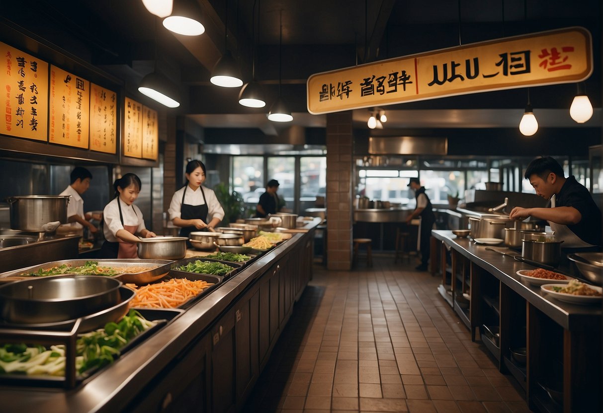 A bustling restaurant with colorful signage and busy waitstaff serving steaming bowls of Korean cuisine to eager customers