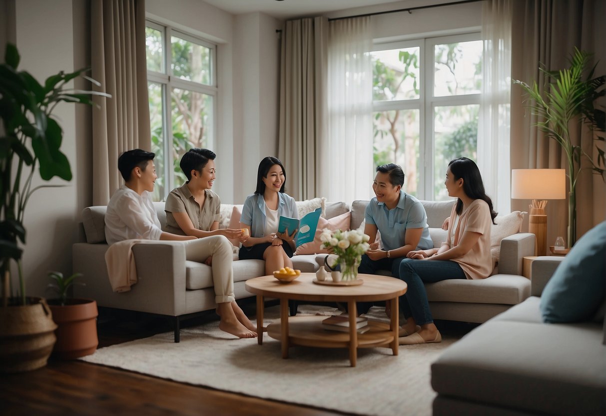 A cozy living room with a family gathered around a table, discussing home insurance promotions in Singapore. A laptop and brochure are visible