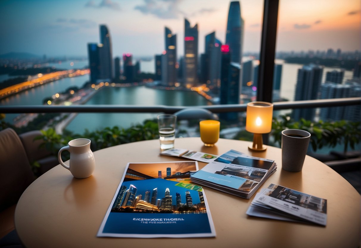 A table displaying various promotional materials with the Singapore skyline in the background. Bright colors and bold text catch the eye