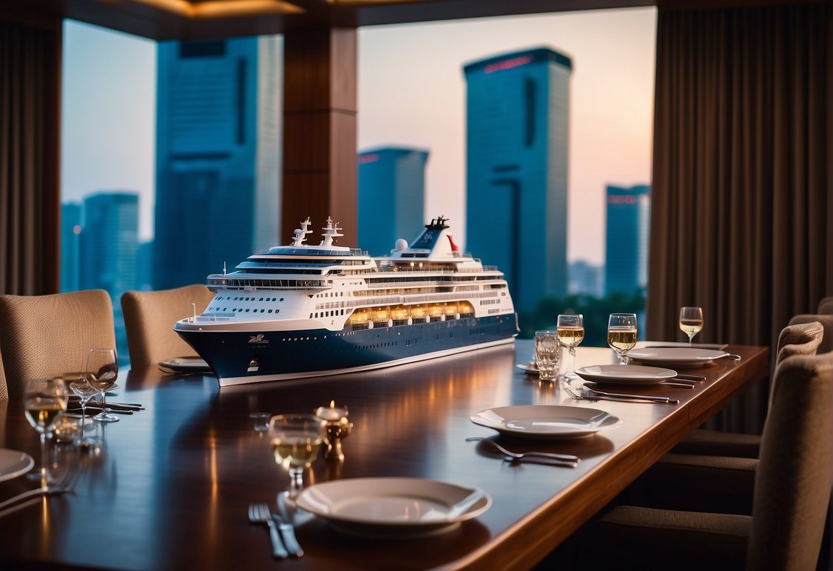 A luxurious cruise ship sails through the sparkling waters of Singapore, with elegant dining and entertainment options available on board