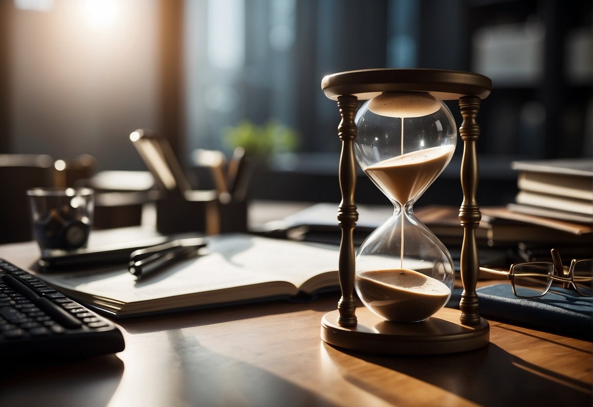 An hourglass sits on a desk, surrounded by various writing instruments. Promotional materials for a company in Singapore are displayed nearby