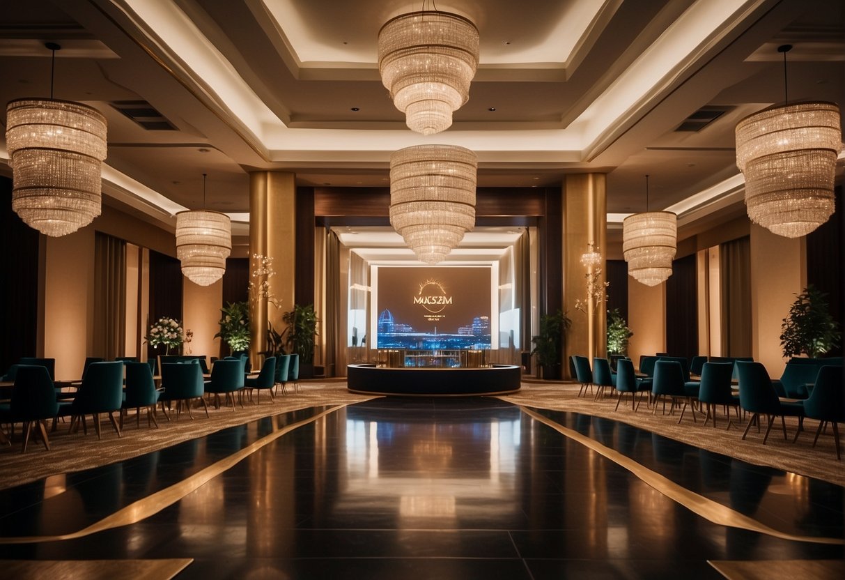 A grand, luxurious event space with the "2024 Promotions masizzim promotions singapore" logo prominently displayed, surrounded by elegant decor and sophisticated lighting