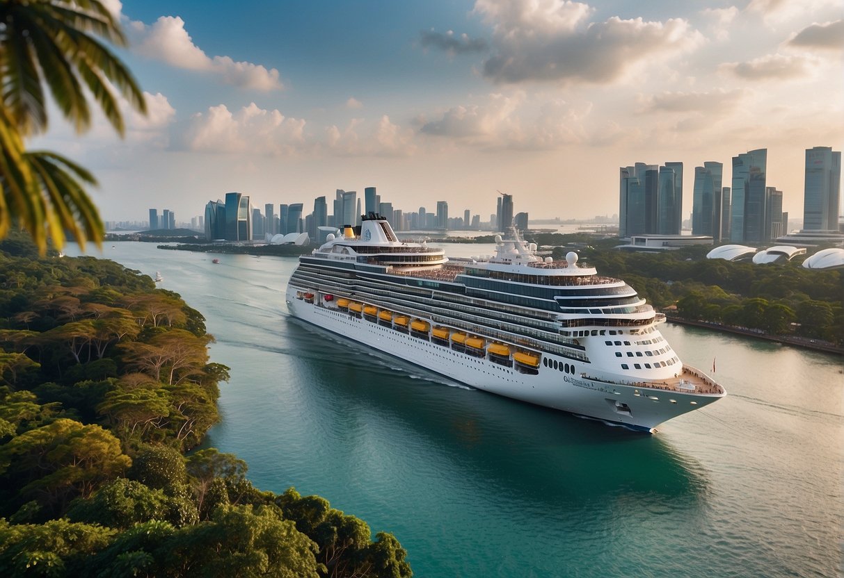 A cruise ship sails through the vibrant waters of Singapore, adorned with banners promoting the "Frequently Asked Questions" promotion for a luxurious cruise to nowhere