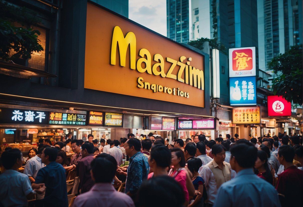 A bustling street filled with colorful signs and bustling crowds, with a prominent sign for "masizzim promotions singapore" outside a vibrant restaurant