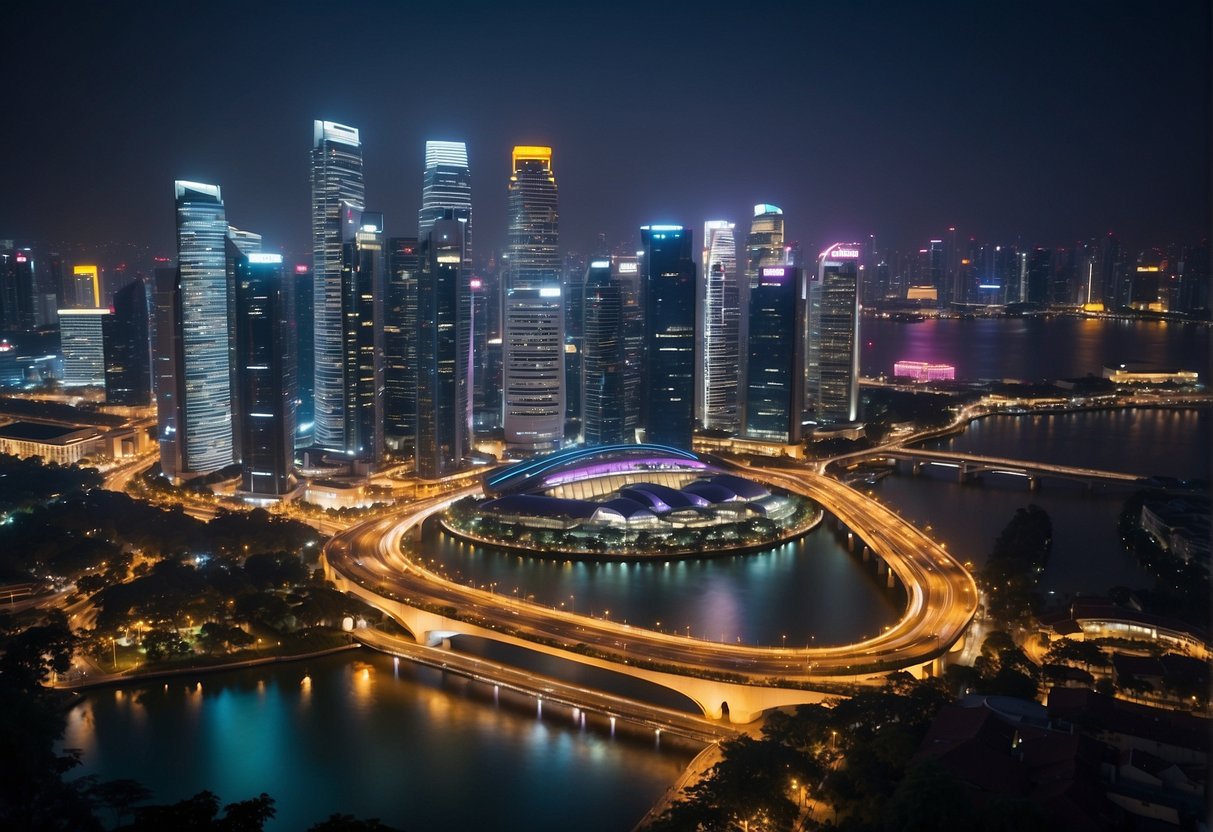 A vibrant cityscape with colorful banners and signs advertising meeting package promotions in Singapore. The skyline is bustling with energy and excitement
