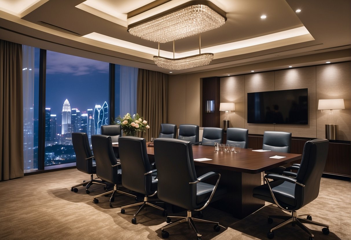 A luxurious meeting room with elegant decor and modern amenities, showcasing promotional offers for premium meeting packages in Singapore