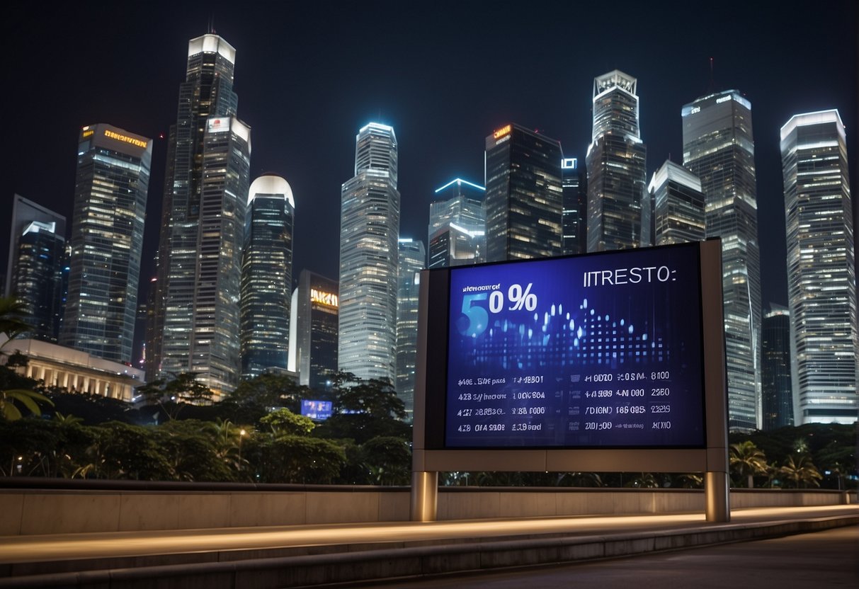 A bank billboard displays "0% interest rate promotions" in Singapore's financial district. Skyscrapers and city lights fill the background