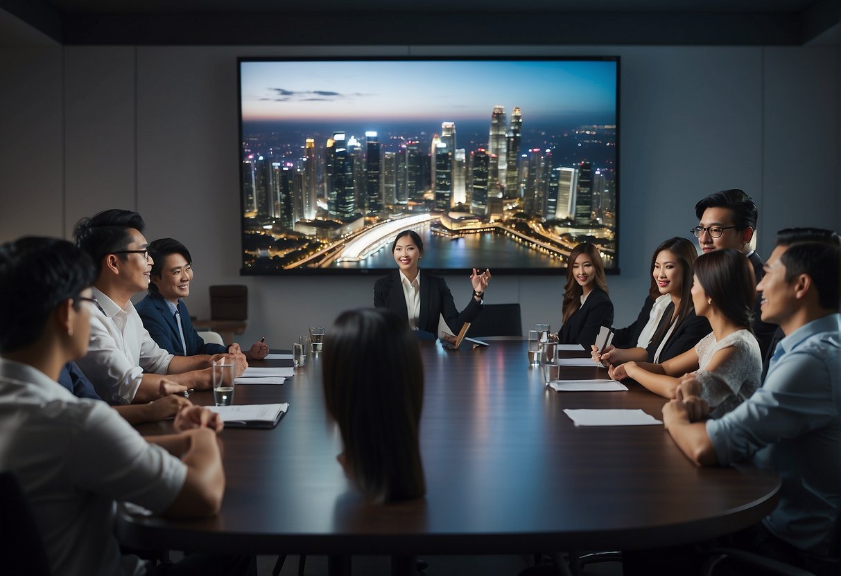 A group of people gathered around a table, discussing and presenting package promotions for Singapore. A projector displays FAQs on the screen