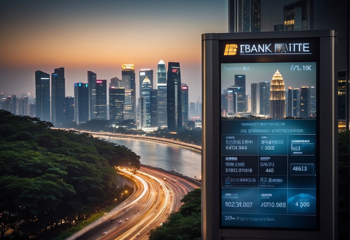 A bank's promotional poster displays high interest rates for fixed deposits in Singapore. The background features a modern city skyline with the bank's logo prominently displayed