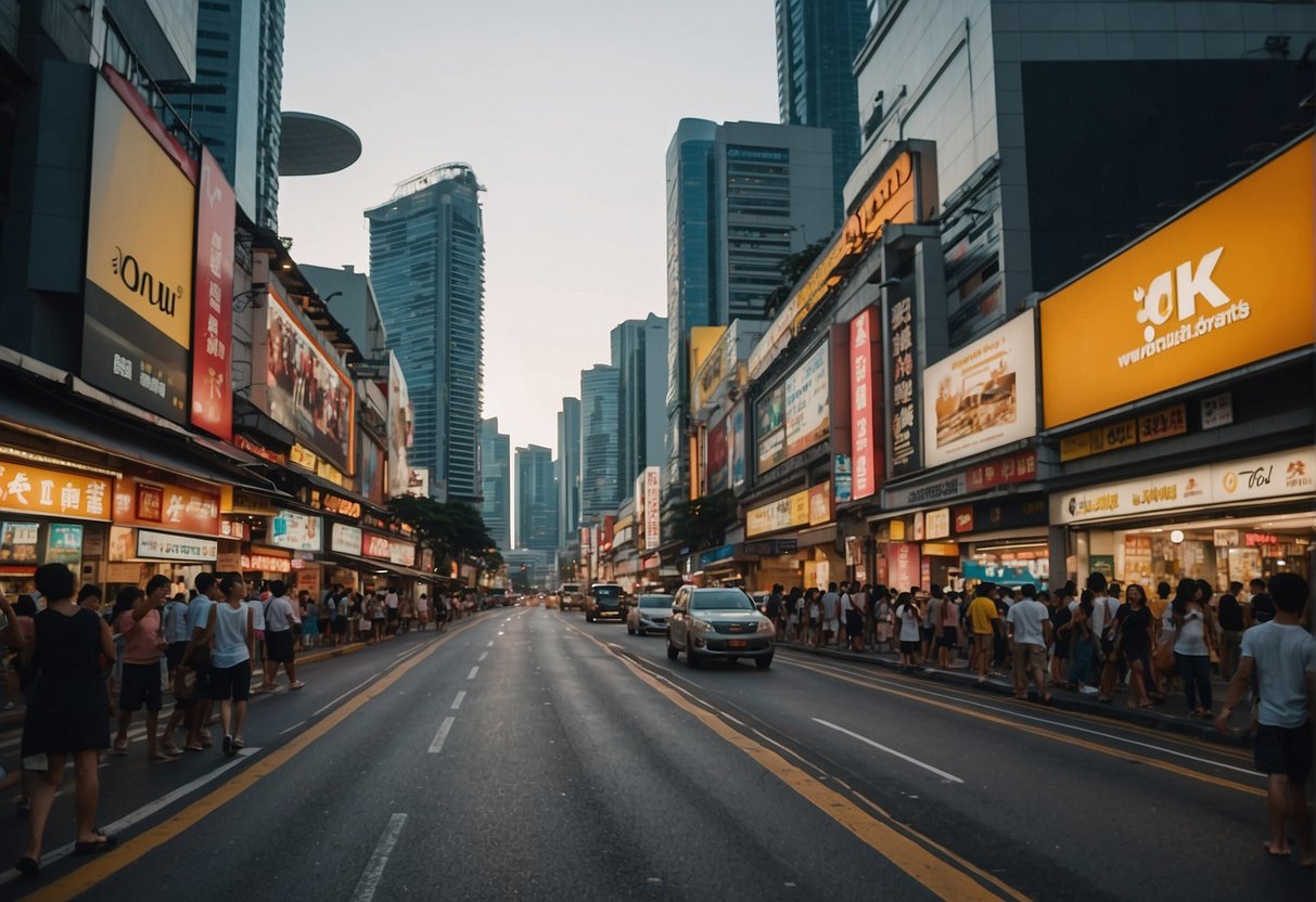 A bustling city street with bright billboards and crowded storefronts in Singapore