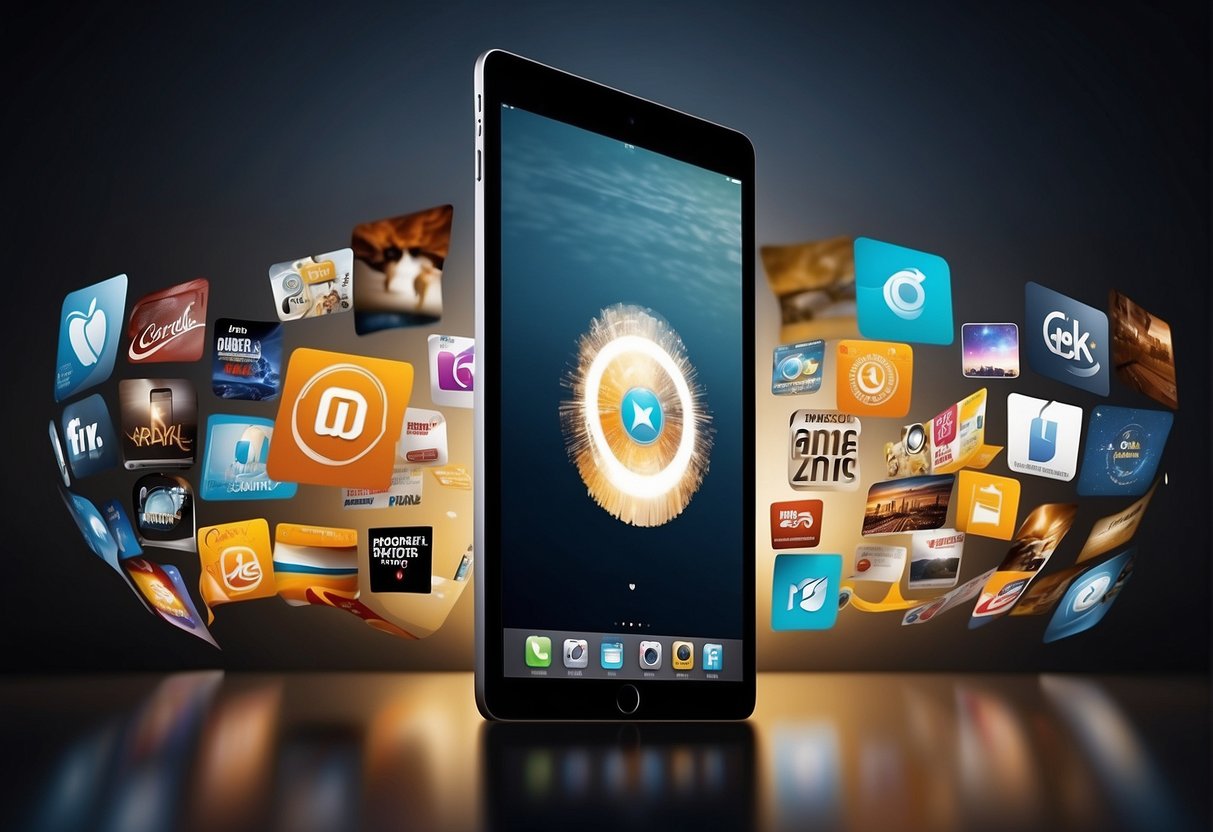An iPad surrounded by promotional banners and logos, with a spotlight shining on it