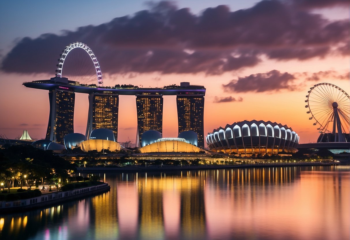 A vibrant city skyline with the iconic landmarks of Singapore, including the Marina Bay Sands and the Singapore Flyer, set against a backdrop of a colorful sunset sky