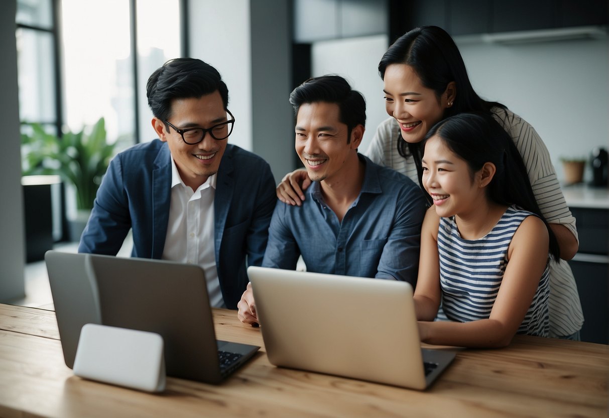 A family gathers around a laptop, excitedly discussing home broadband promotions in Singapore. The laptop displays various internet packages and deals, while a router sits nearby, symbolizing fast and reliable connectivity