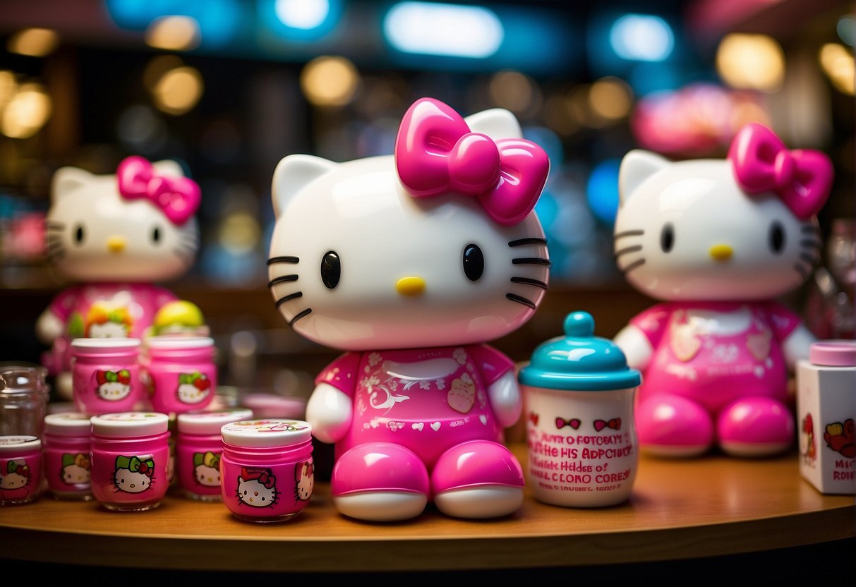 A vibrant display of Hello Kitty merchandise at a Singapore cafe, featuring exclusive promotions and products