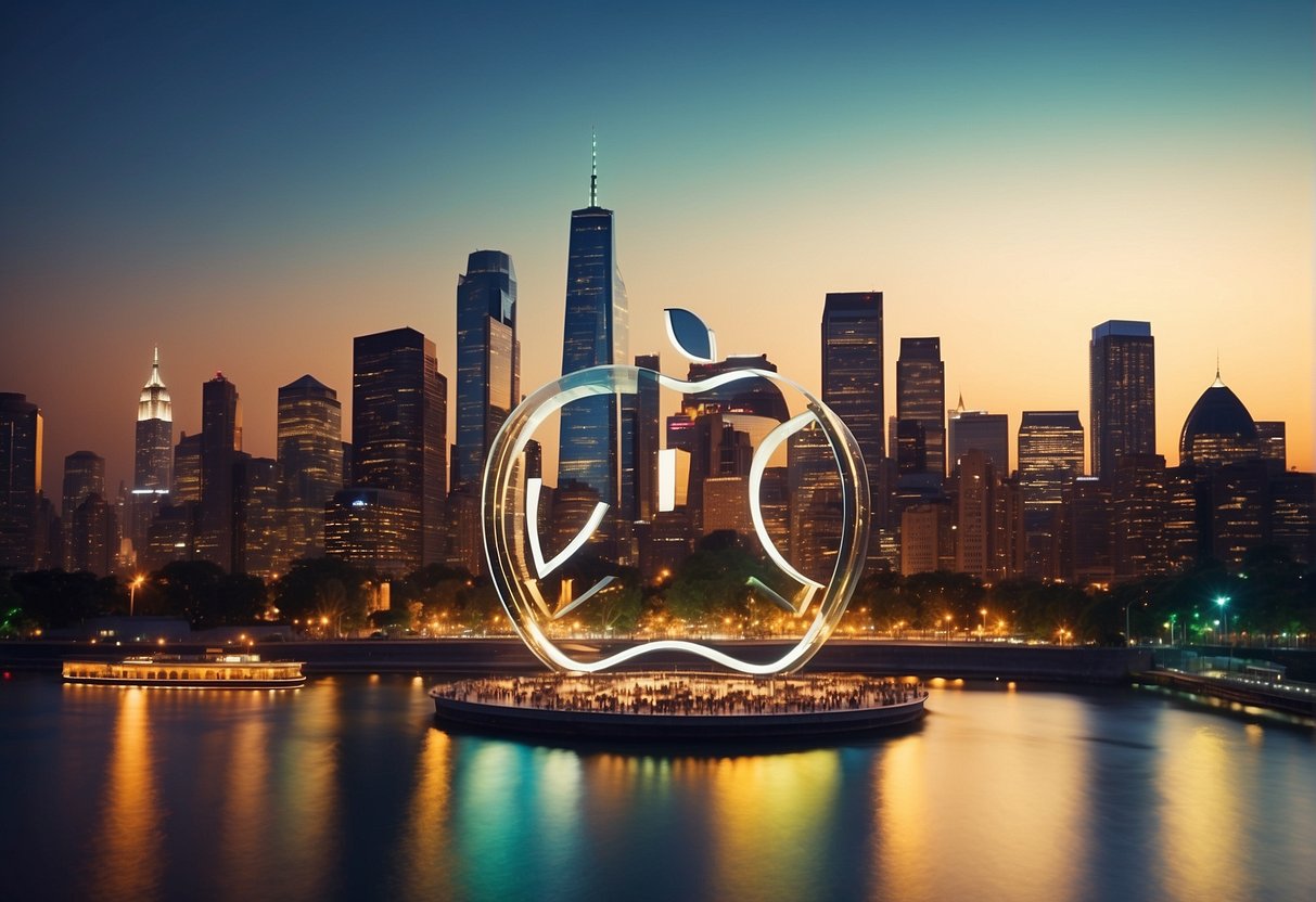 A vibrant cityscape with iconic landmarks, featuring the Apple logo prominently displayed in the skyline. The image exudes modernity and technological advancement