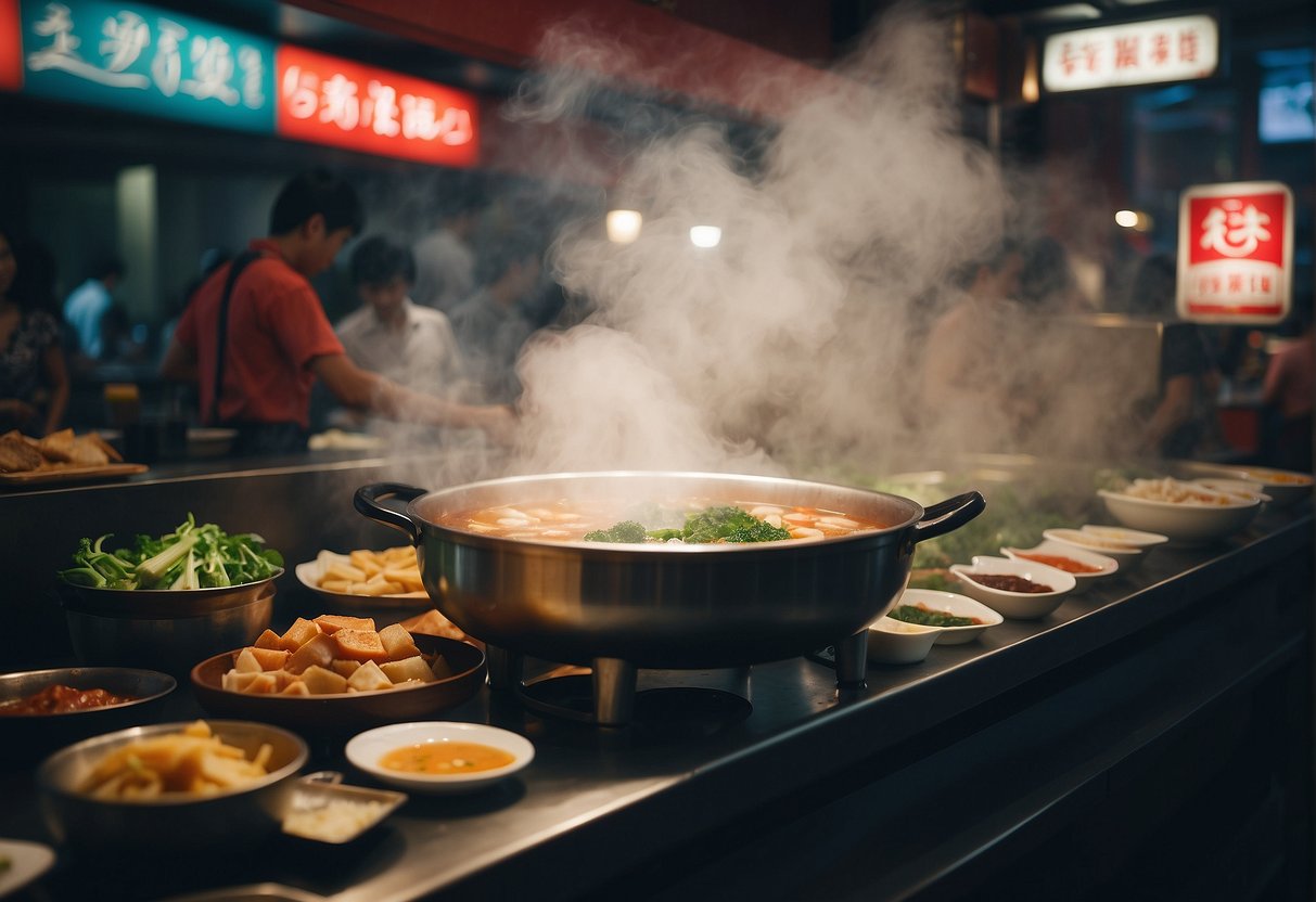 A steaming hotpot surrounded by promotional signs in a bustling Singapore restaurant