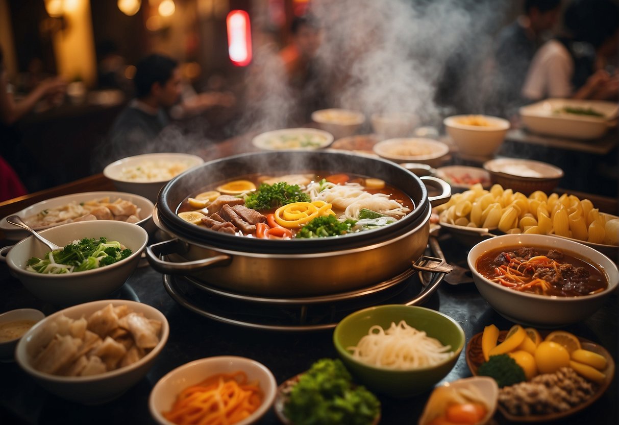 A colorful table spread with various hotpot ingredients and promotional banners in a bustling Singapore restaurant. Steam rises from the bubbling broth as diners enjoy the current hotpot promotions