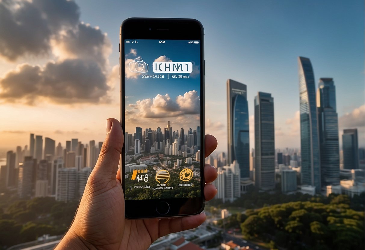 A smartphone displaying iCloud promotions with a price tag and a Singaporean landmark in the background