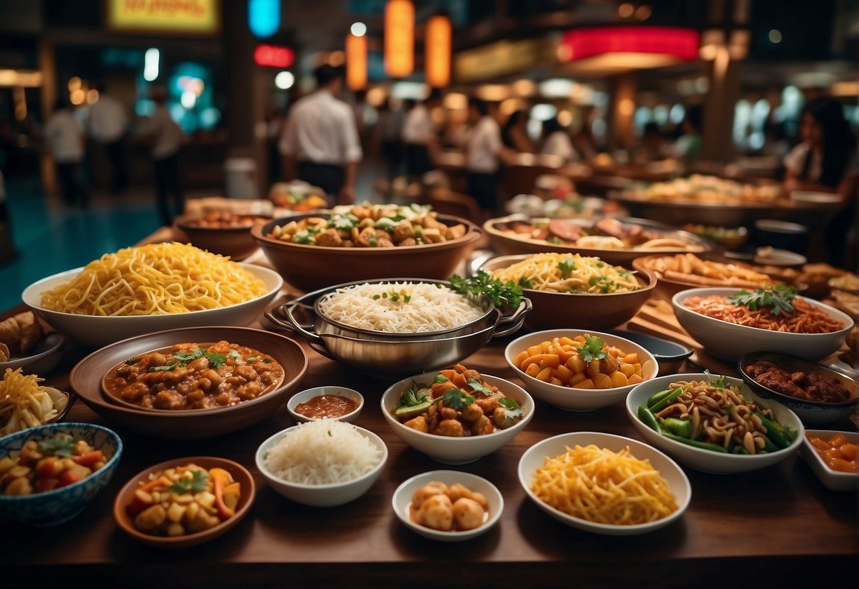 A colorful array of global cuisines spread out on a table, with vibrant signage advertising international buffet promotions in Singapore