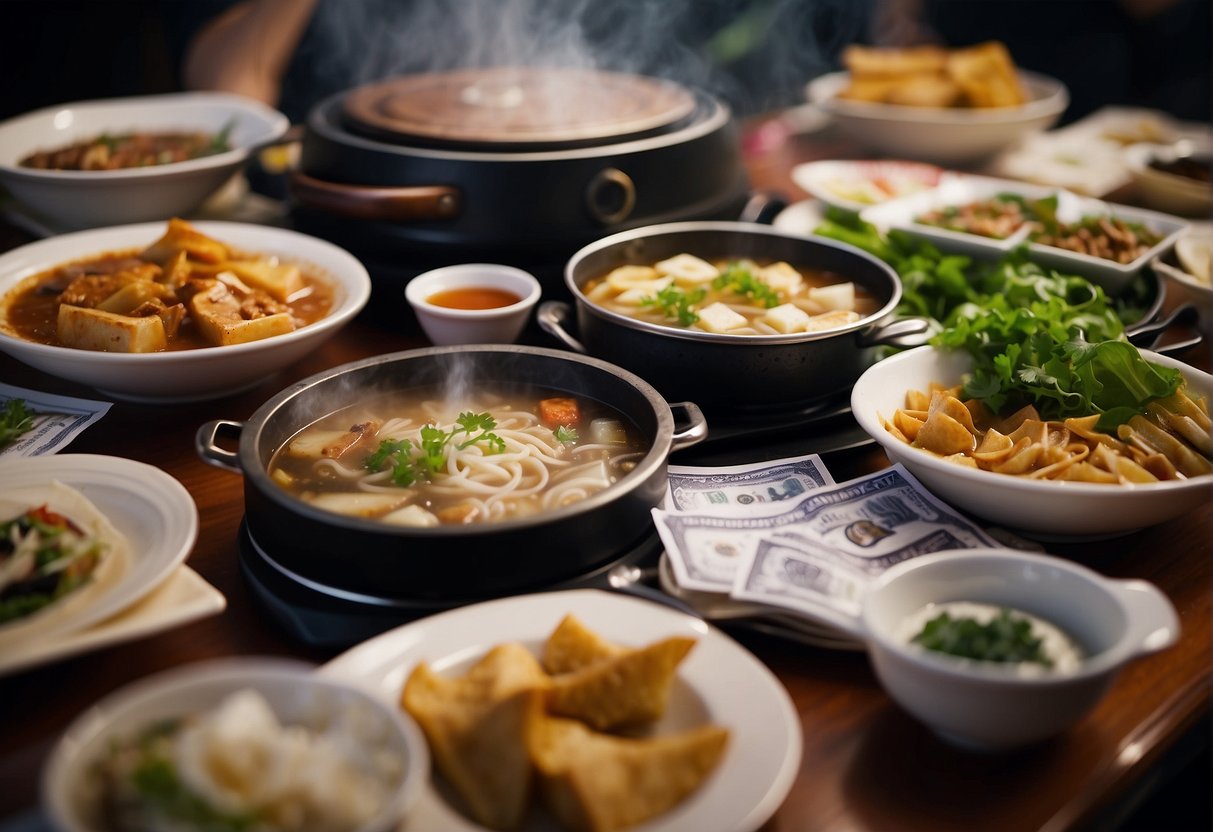 A table set with a steaming hotpot, surrounded by credit cards and promotional flyers, in a bustling Singapore restaurant