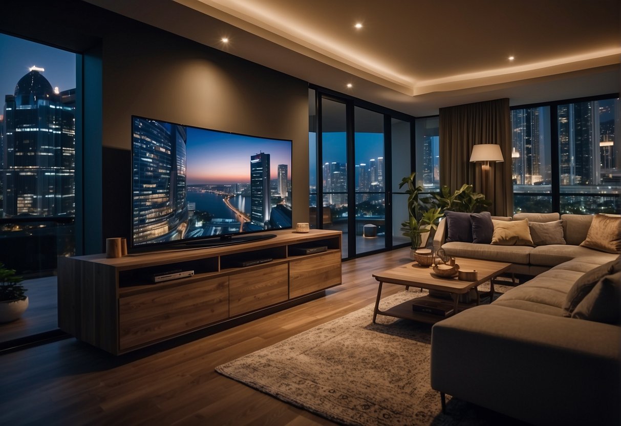 A family enjoys exclusive perks with their home broadband subscription in Singapore. They are shown streaming movies, gaming, and working from home