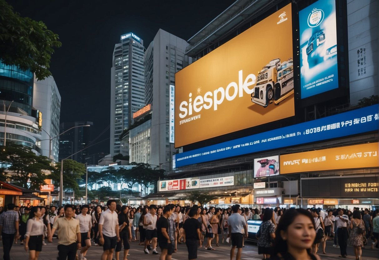 A bustling city street in Singapore with a prominent diesel promotions billboard towering over the busy crowd