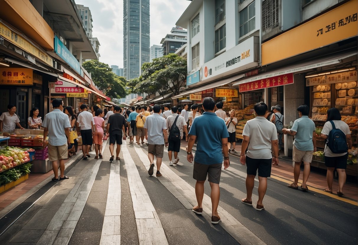 A bustling street in Singapore with colorful Dookki promotions banners and cheerful customers enjoying the vibrant atmosphere