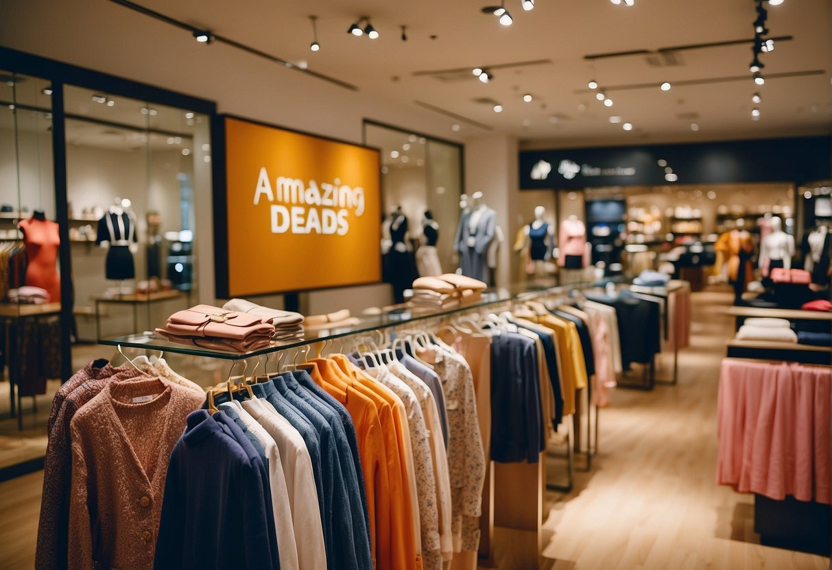 A vibrant display of fashion items with "Amazing Deals" signs at a J.Crew store in Singapore