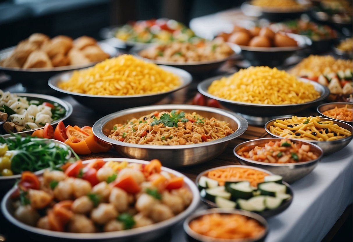 A colorful buffet spread with international cuisine, adorned with promotional signs and exclusive savings offers