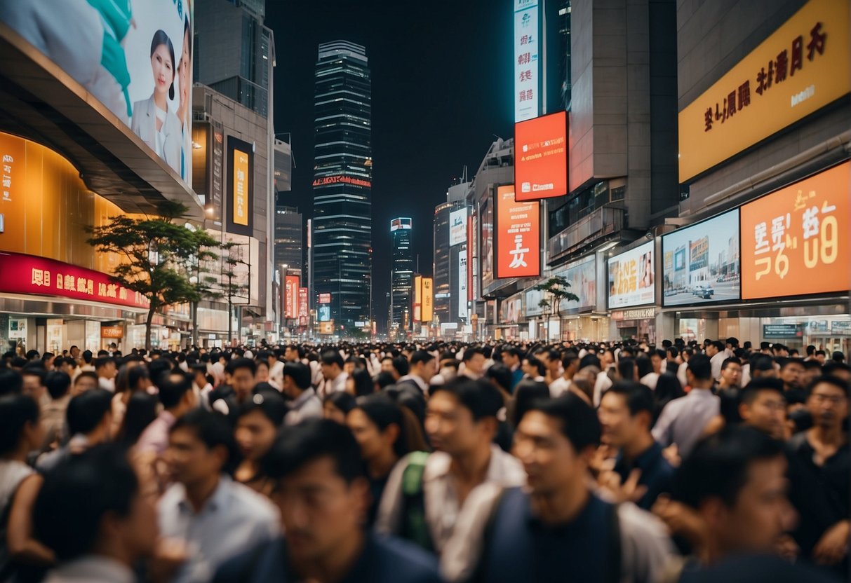 A crowded city street with bright, eye-catching signs advertising "Exclusive 2024 Deals and Discounts" and "Diesel Promotions Singapore."