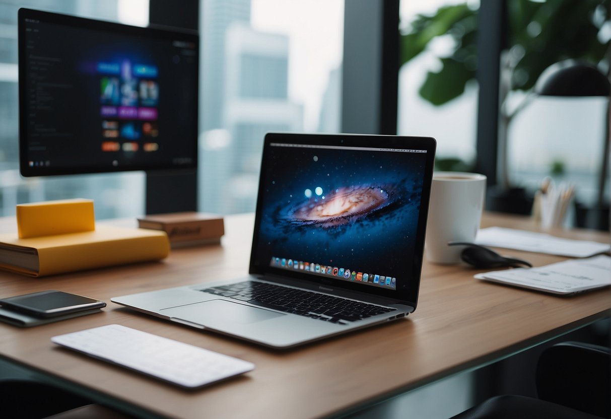 A MacBook sits on a sleek, modern desk in a bustling Singapore office, surrounded by promotional materials and colorful digital displays