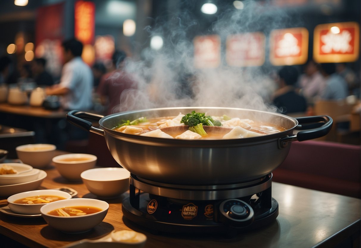 A steaming hotpot sits on a table surrounded by various promotional signs and banners in a bustling Singapore restaurant