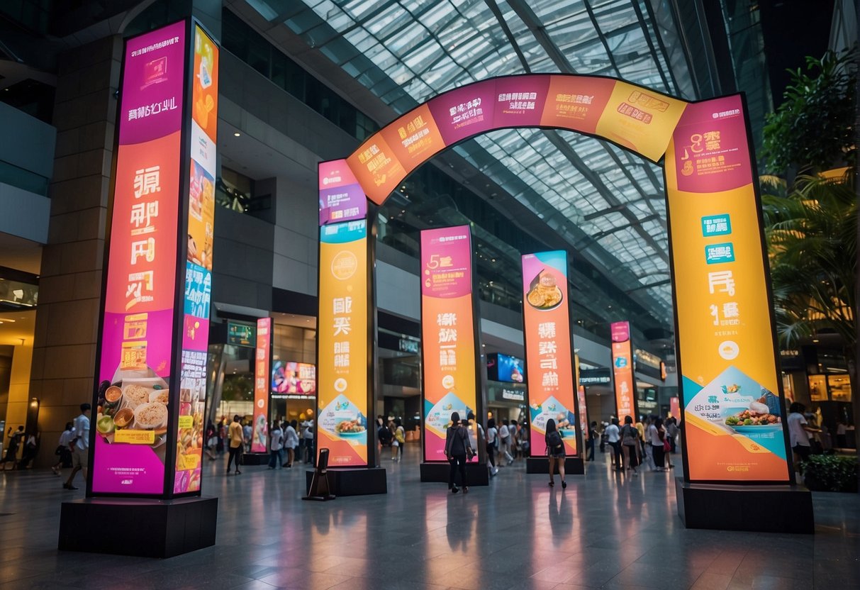 Colorful banners and signs adorn Suntec City, showcasing the sensational Dookki promotions in Singapore. The vibrant display captures the excitement of the event