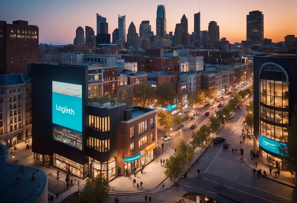 A vibrant cityscape with prominent Logitech branding, bustling with people redeeming promotions and engaging with interactive displays