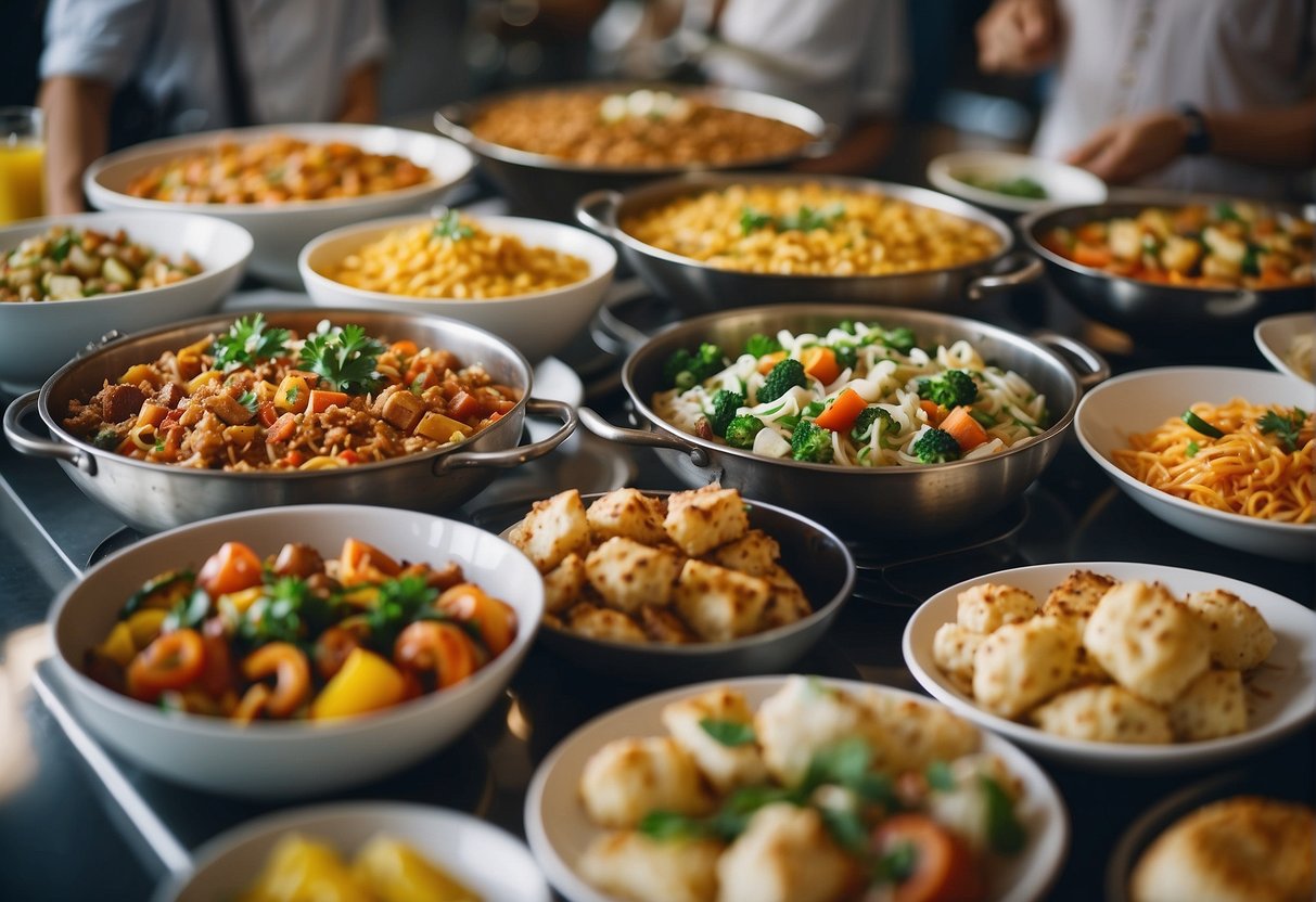 A colorful and vibrant buffet spread with various international cuisines, accompanied by promotional signage and happy diners enjoying their meals