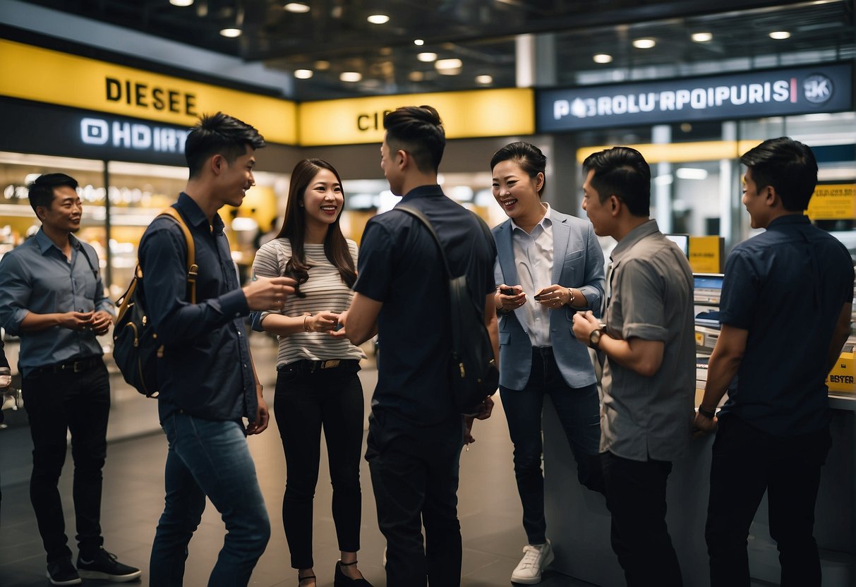 A group of people engaging with diesel promotions in Singapore, exchanging information and products