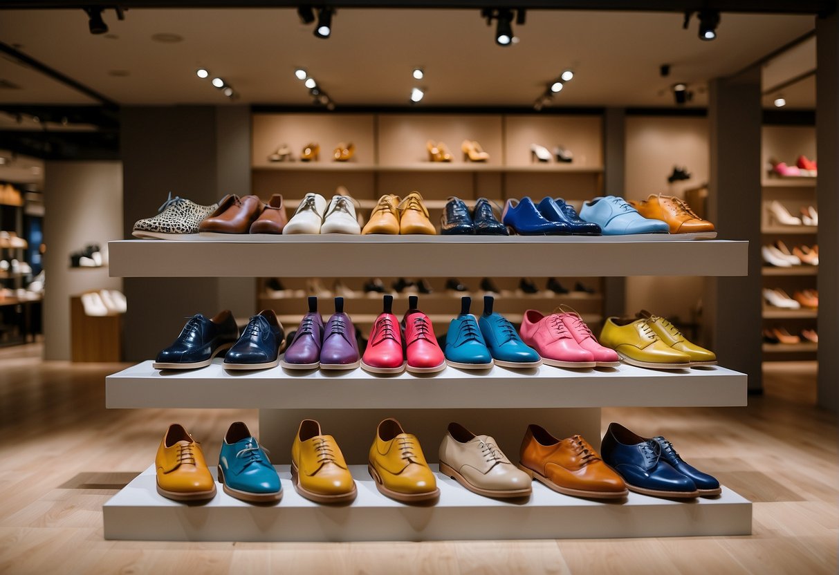 A colorful display of top footwear brands at a J.Crew promotions event in Singapore. Bright signage and attractive shoe designs fill the space