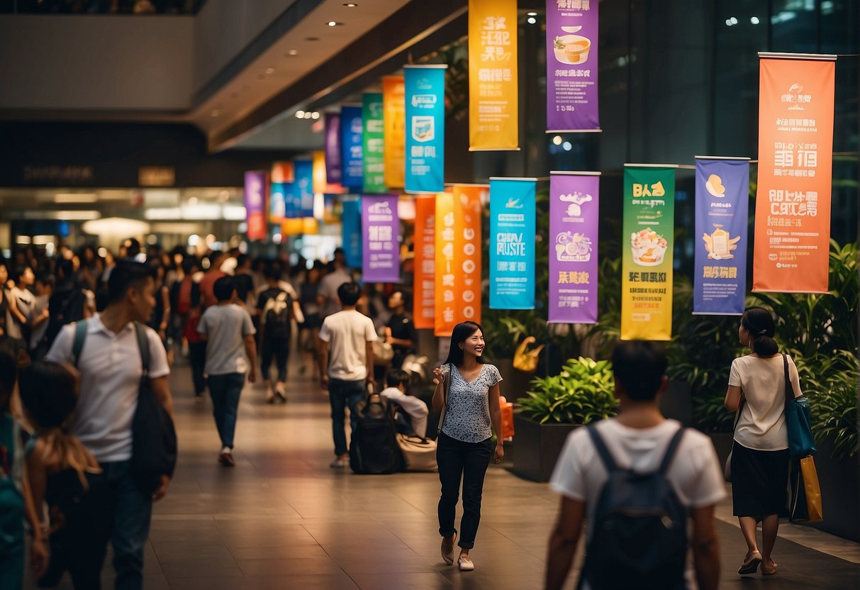 Colorful banners hang above bustling crowds at a Singapore mall, with vendors offering promotions and shoppers browsing