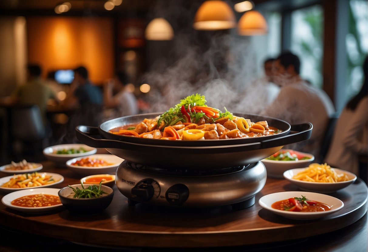 A table set with sizzling hot pots, colorful ingredients, and smiling diners enjoying the Ultimate Dining Experience at dookki promotions in Singapore