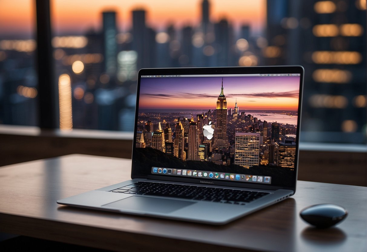 A sleek MacBook sits on a clean, modern desk with a vibrant cityscape visible through the window in the background