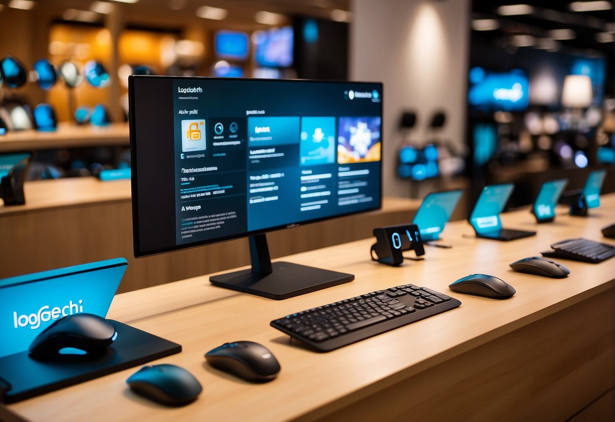 A display of Logitech products with promotional signs in a Singapore store