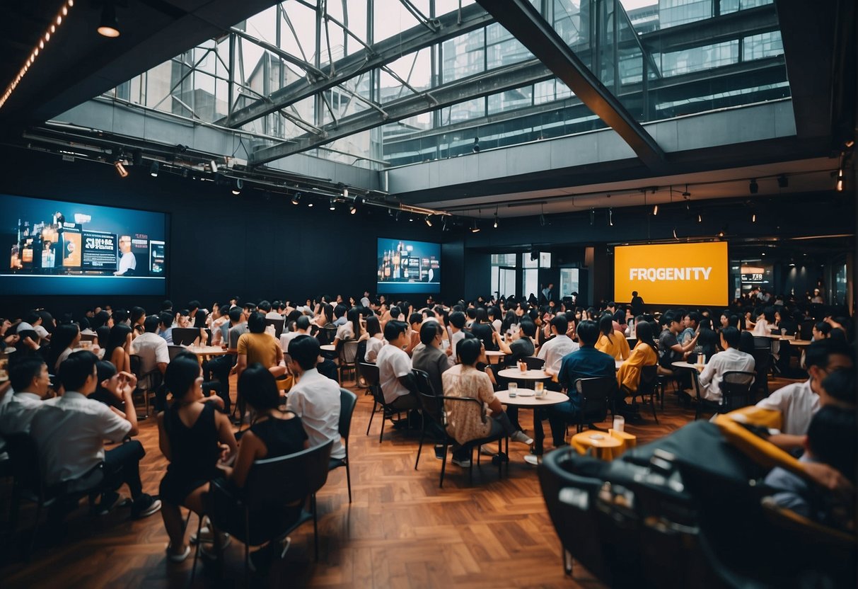 A crowded event space with a prominent "Frequently Asked Questions" sign and a display of diesel promotions in Singapore