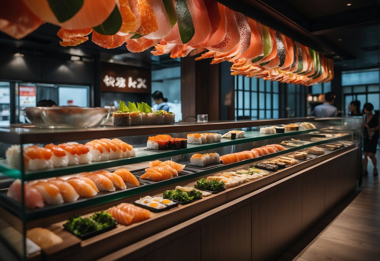 Vibrant Itacho Promotions in Singapore: sushi displays, colorful banners, bustling customers, and a modern interior