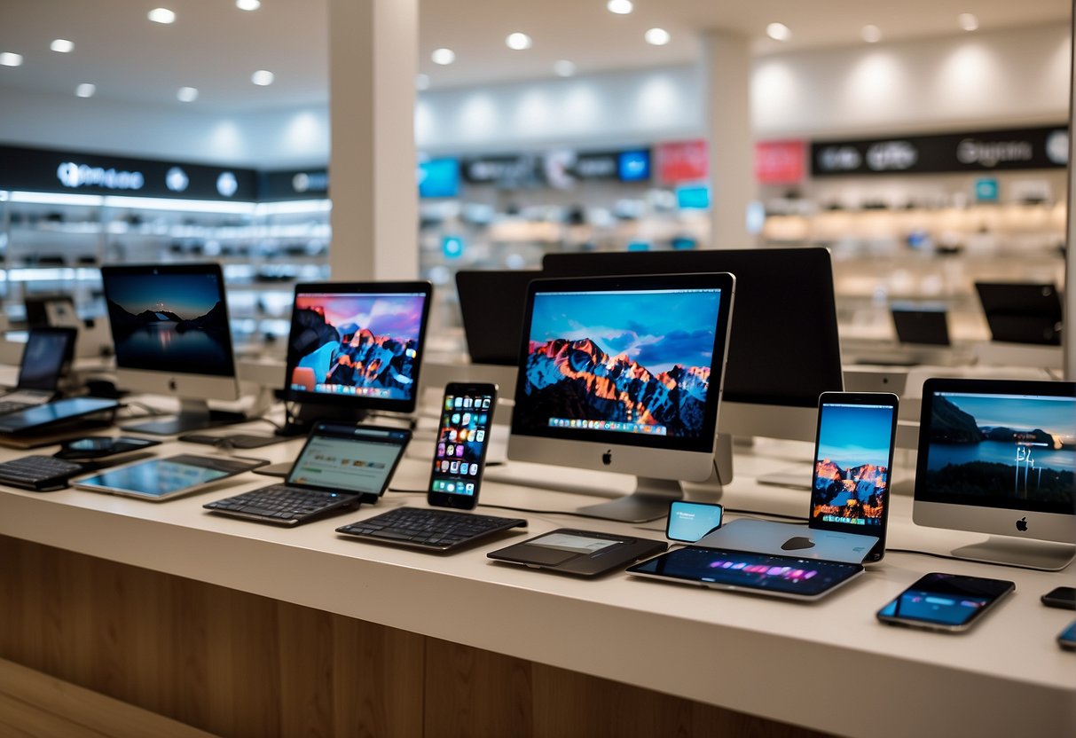 An array of iPhones, iPads, and MacBooks displayed with promotional signs in a bustling Singapore electronics store