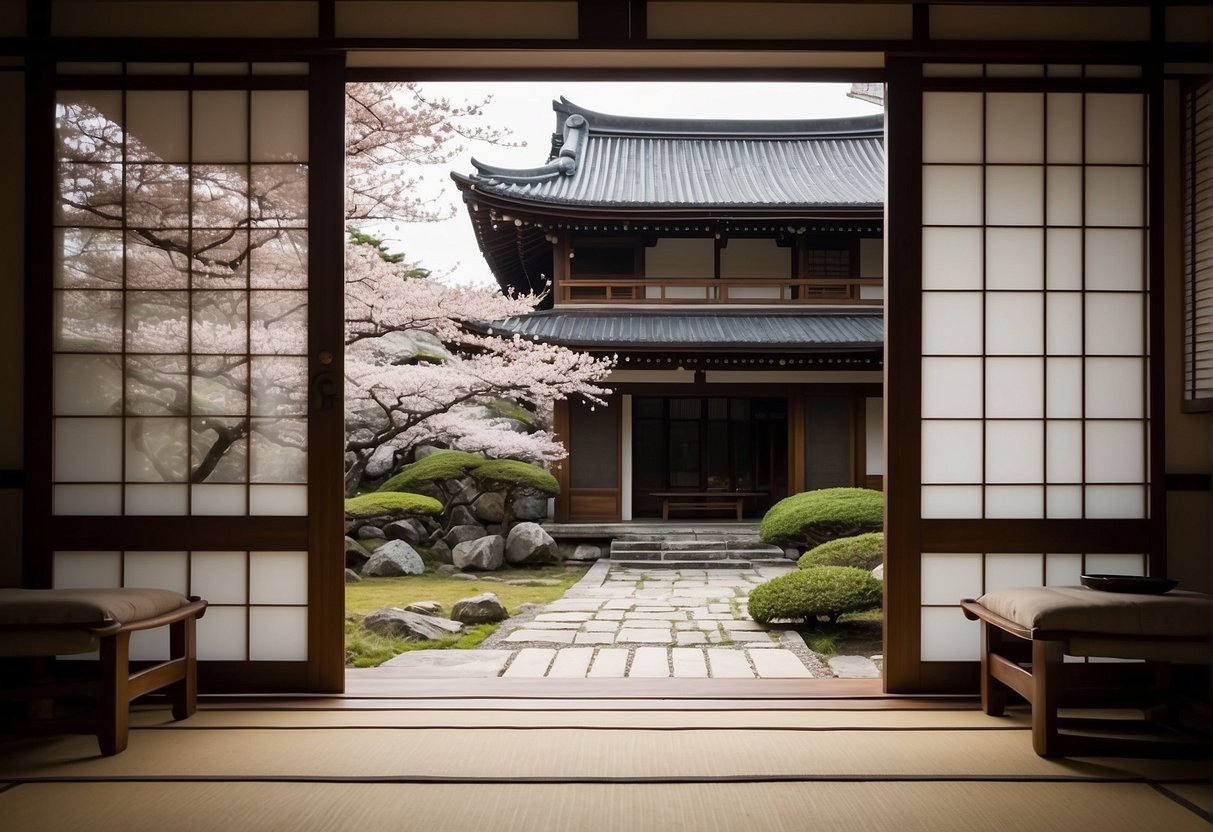 A traditional Japanese tea house with sliding paper doors and tatami mats, adorned with delicate cherry blossom motifs and elegant calligraphy